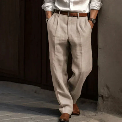 Men's Grey Linen Pants Relaxed Fit Pleated Trousers - Image 4