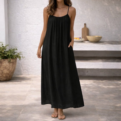 Women Linen Blend Open Back Maxi Dress Spaghetti Strap Summer - Image 10