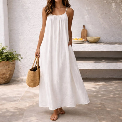Women Linen Blend Open Back Maxi Dress Spaghetti Strap Summer - Image 9