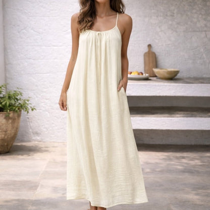 Women Linen Blend Open Back Maxi Dress Spaghetti Strap Summer - Image 13