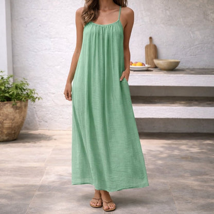 Women Linen Blend Open Back Maxi Dress Spaghetti Strap Summer - Image 11