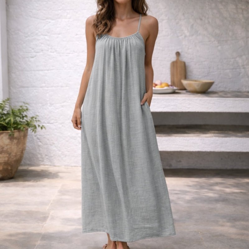 Women Linen Blend Open Back Maxi Dress Spaghetti Strap Summer - Image 14