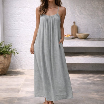 Women Linen Blend Open Back Maxi Dress Spaghetti Strap Summer - Image 14