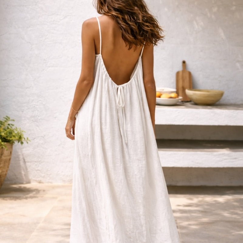 Women Linen Blend Open Back Maxi Dress Spaghetti Strap Summer - Image 2