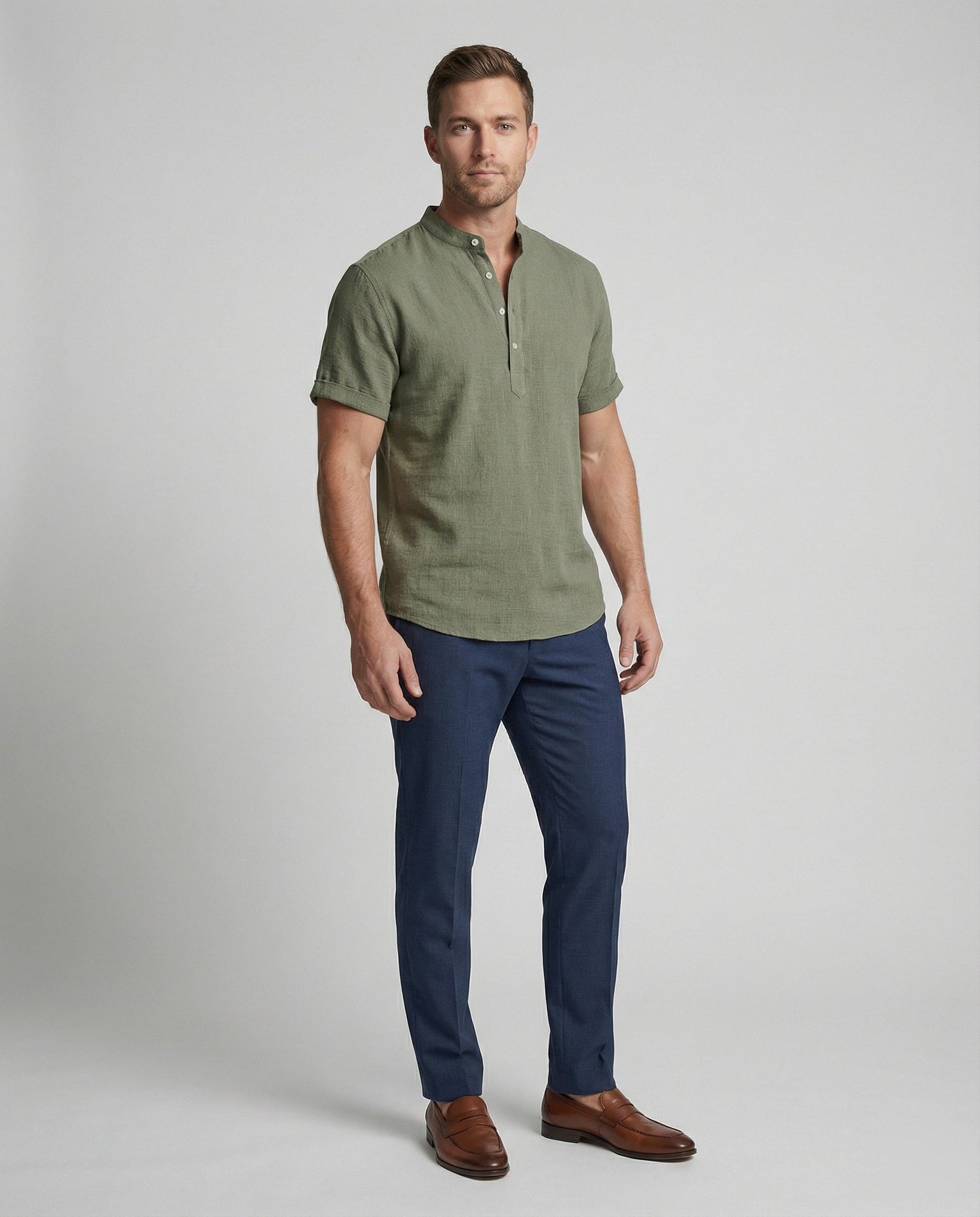 Men's Linen Short Sleeve Mandarin Collar Shirt