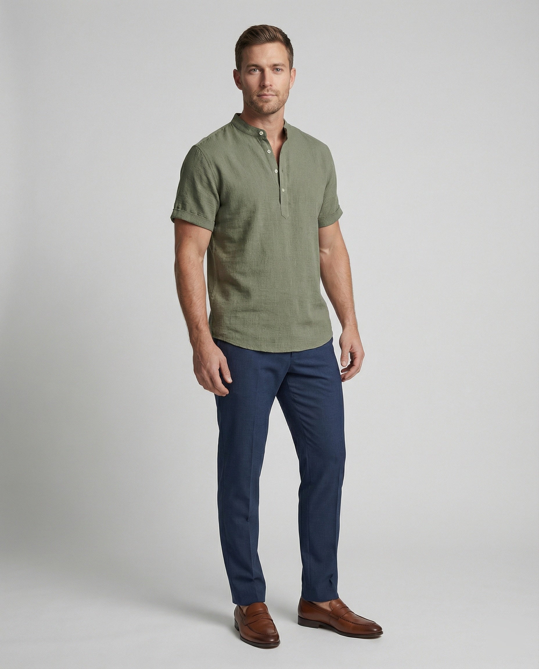 Men's Linen Short Sleeve Mandarin Collar Shirt