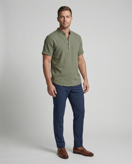 Men's Linen Short Sleeve Mandarin Collar Shirt