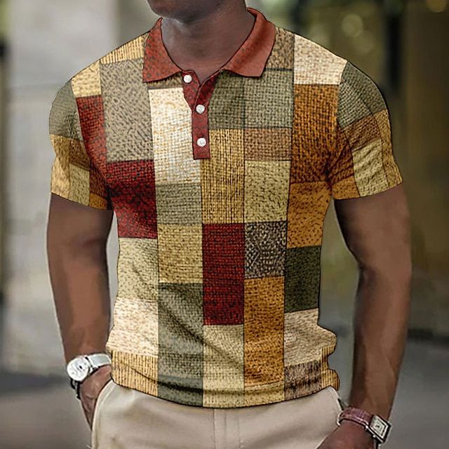 Men's Patchwork Checkered Short Sleeve Polo Shirt