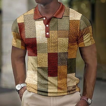 Men's Patchwork Checkered Short Sleeve Polo Shirt