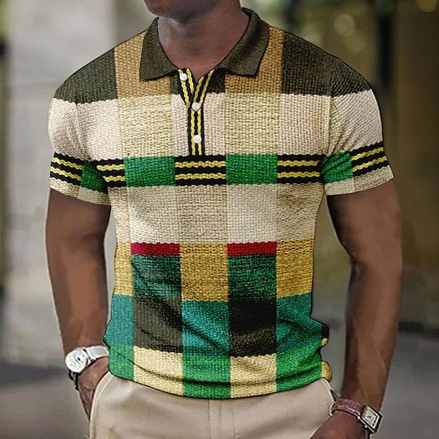 Men's Patchwork Checkered Short Sleeve Polo Shirt - Image 6