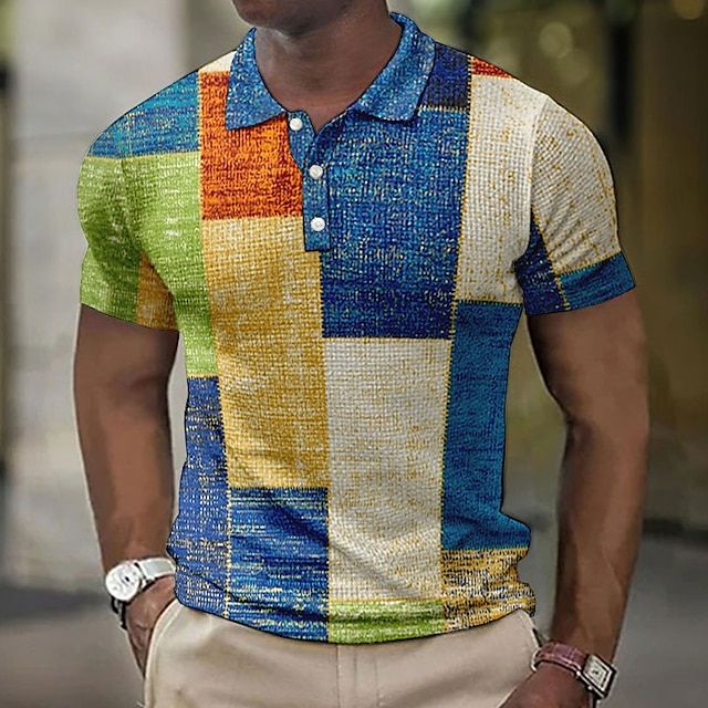 Men's Patchwork Checkered Short Sleeve Polo Shirt - Image 10