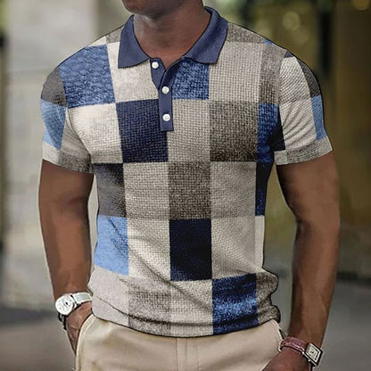 Men's Patchwork Checkered Short Sleeve Polo Shirt - Image 5