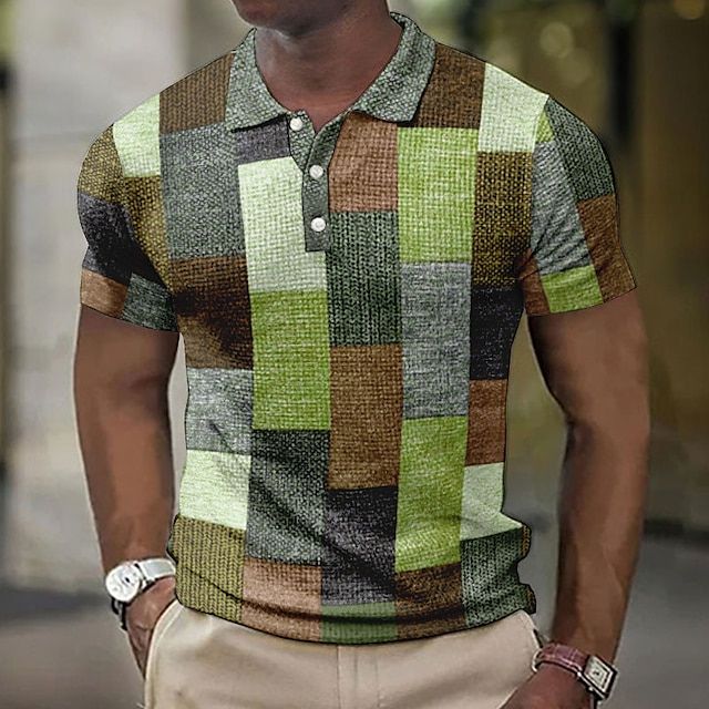 Men's Patchwork Checkered Short Sleeve Polo Shirt - Image 8