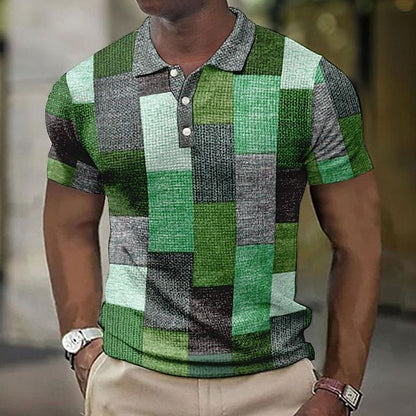 Men's Patchwork Checkered Short Sleeve Polo Shirt - Image 7