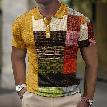 Men's Patchwork Checkered Short Sleeve Polo Shirt - Image 14