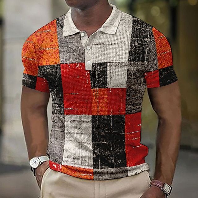 Men's Patchwork Checkered Short Sleeve Polo Shirt - Image 4