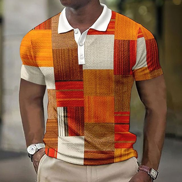 Men's Patchwork Checkered Short Sleeve Polo Shirt - Image 12
