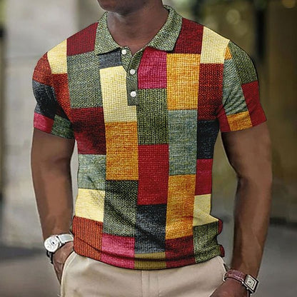 Men's Patchwork Checkered Short Sleeve Polo Shirt - Image 2