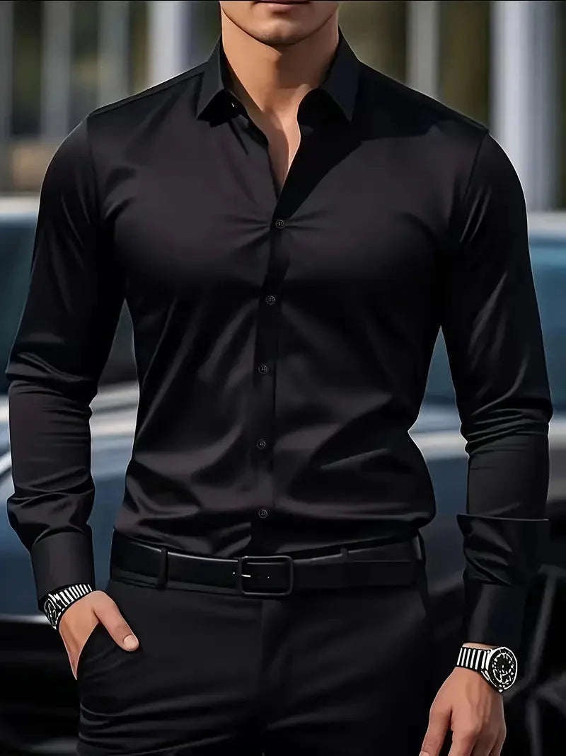 Men's Slim Fit Long Sleeve Kent Collar Dress Shirt - Image 11