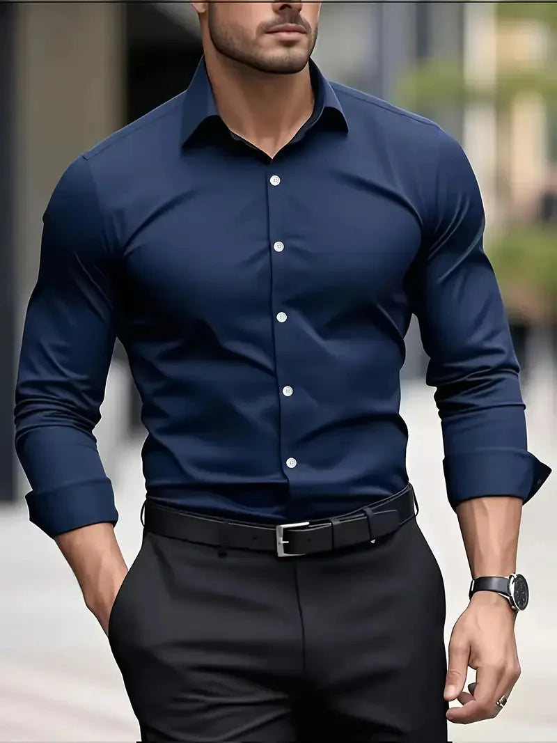 Men's Slim Fit Long Sleeve Kent Collar Dress Shirt - Image 3