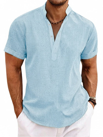 Men's Short Sleeve V-Neck Stand Collar Casual Summer Shirt