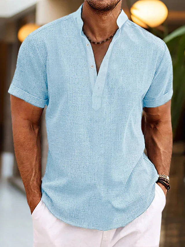 Men's Short Sleeve V-Neck Stand Collar Casual Summer Shirt - Image 2
