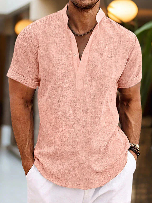Men's Short Sleeve V-Neck Stand Collar Casual Summer Shirt - Image 3