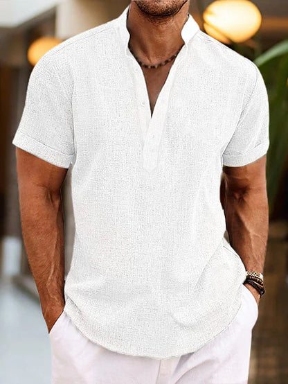 Men's Short Sleeve V-Neck Stand Collar Casual Summer Shirt - Image 4