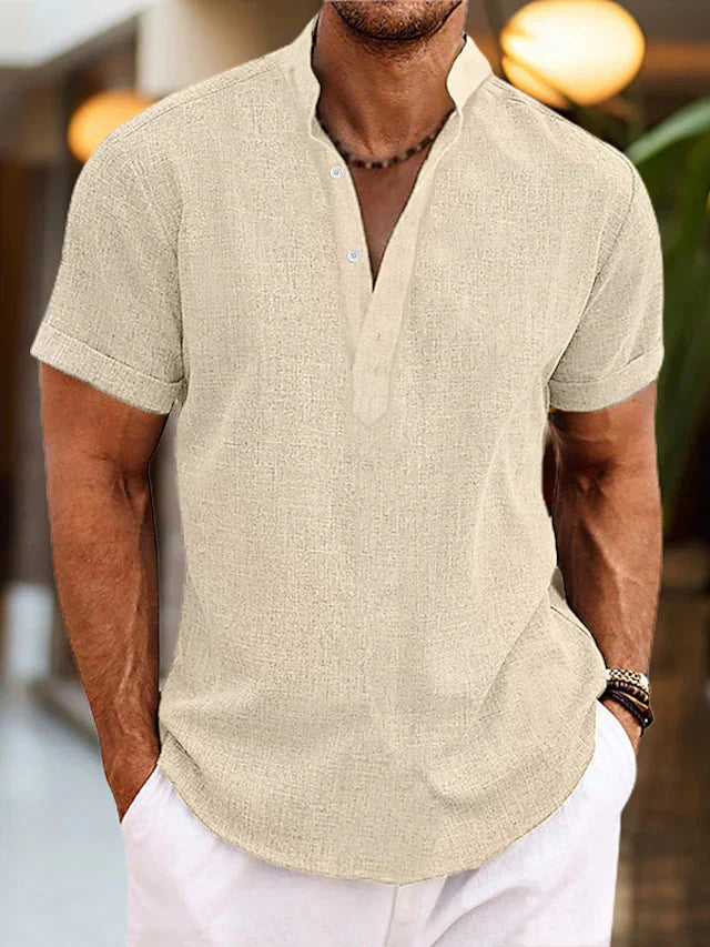 Men's Short Sleeve V-Neck Stand Collar Casual Summer Shirt - Image 7