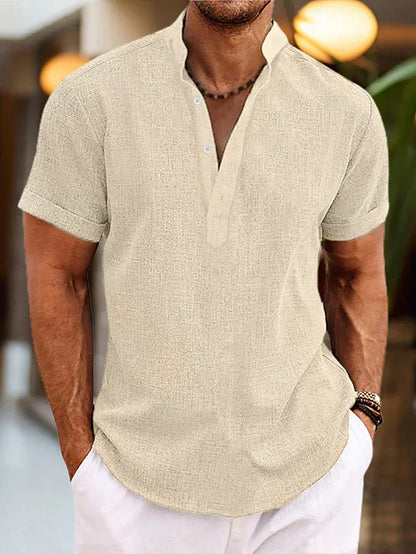Men's Short Sleeve V-Neck Stand Collar Casual Summer Shirt - Image 7