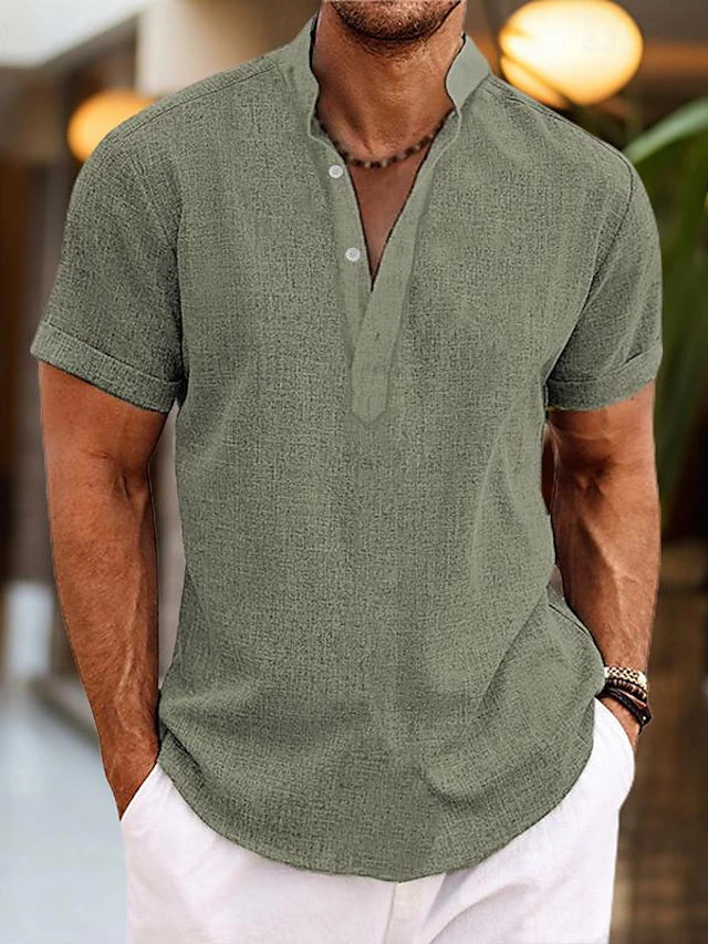 Men's Short Sleeve V-Neck Stand Collar Casual Summer Shirt - Image 9