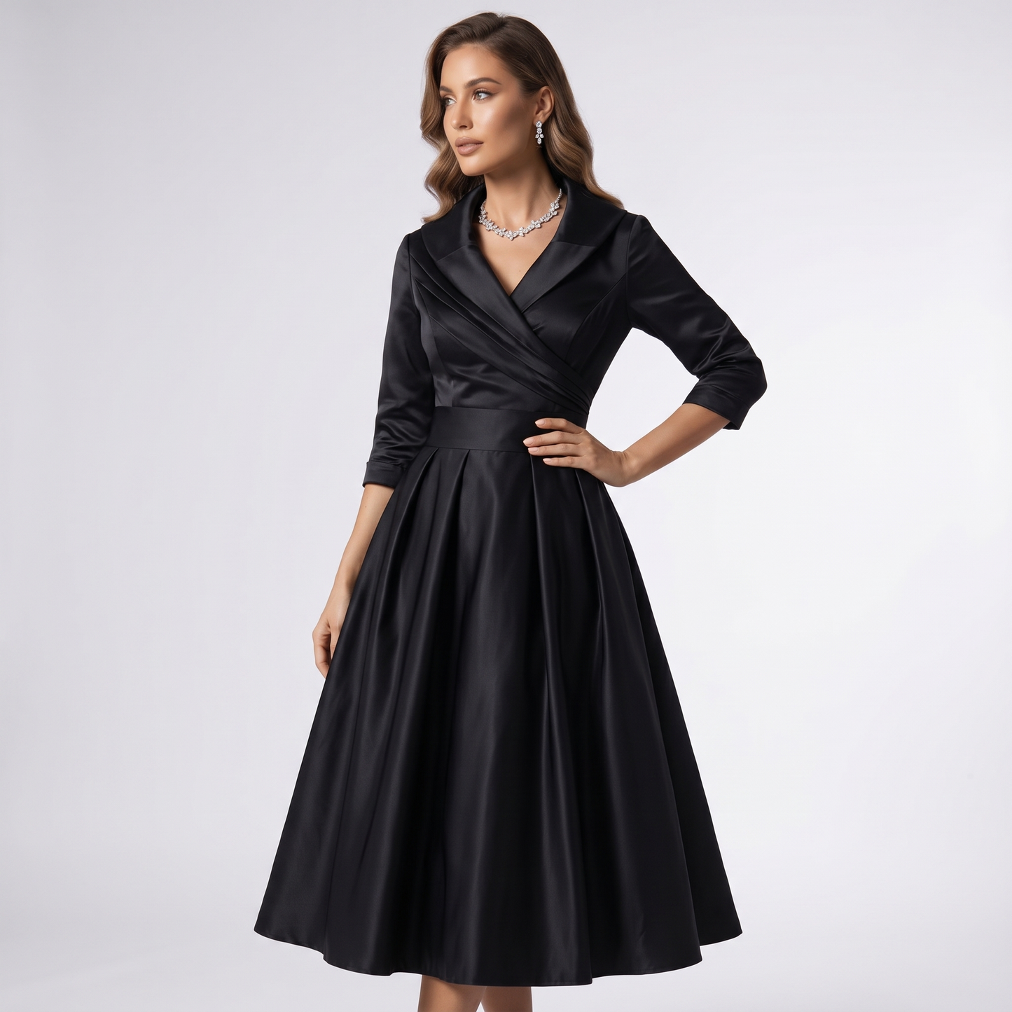 Women A-Line Midi Dress Shawl Collar Pockets Wedding Guest