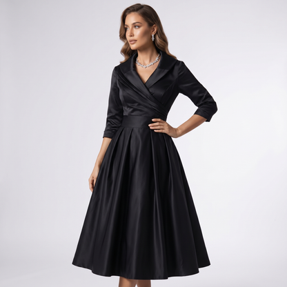 Women A-Line Midi Dress Shawl Collar Pockets Wedding Guest