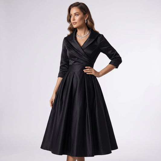 Women A-Line Midi Dress Shawl Collar Pockets Wedding Guest
