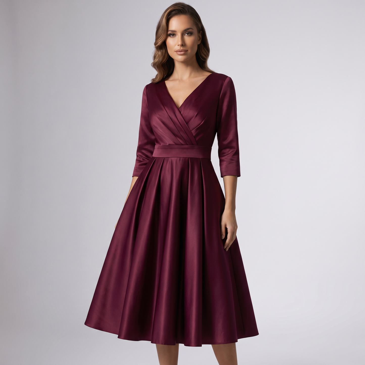 Women A-Line Midi Dress Shawl Collar Pockets Wedding Guest - Image 7