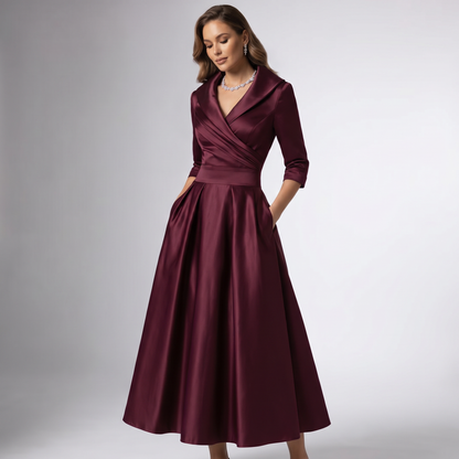 Women A-Line Midi Dress Shawl Collar Pockets Wedding Guest - Image 8