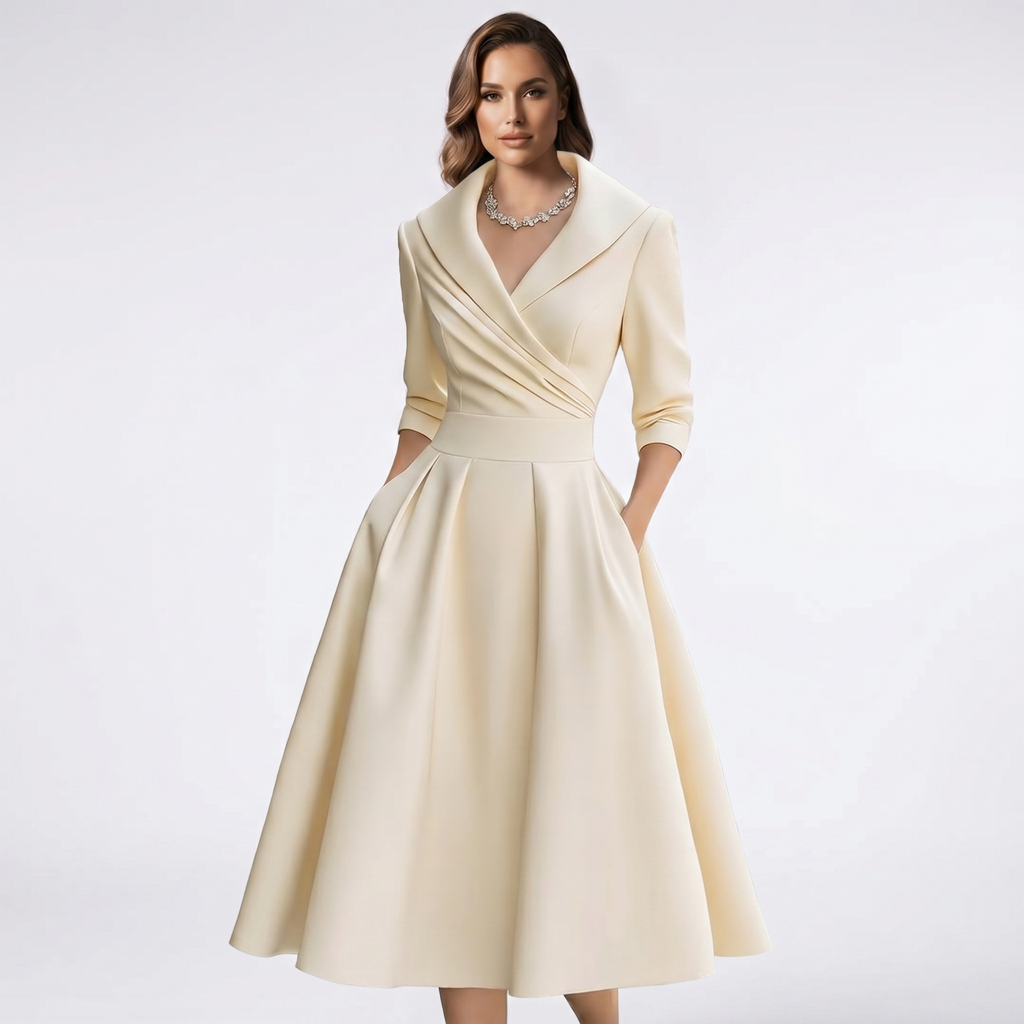 Women A-Line Midi Dress Shawl Collar Pockets Wedding Guest - Image 4