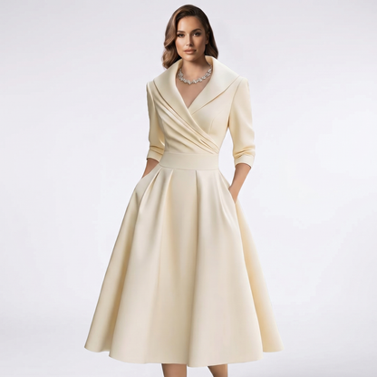 Women A-Line Midi Dress Shawl Collar Pockets Wedding Guest - Image 4