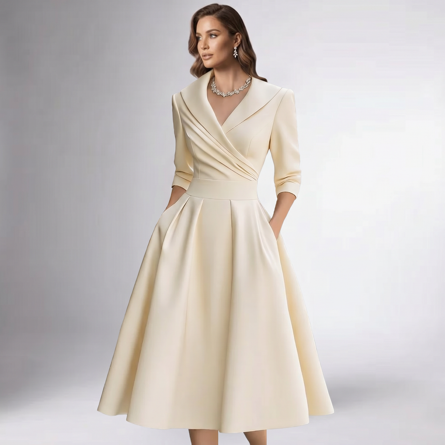 Women A-Line Midi Dress Shawl Collar Pockets Wedding Guest - Image 3