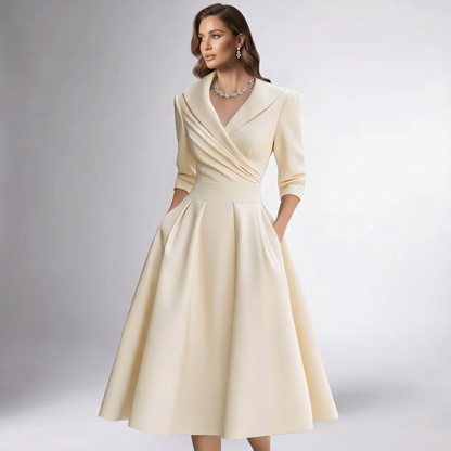 Women A-Line Midi Dress Shawl Collar Pockets Wedding Guest - Image 3