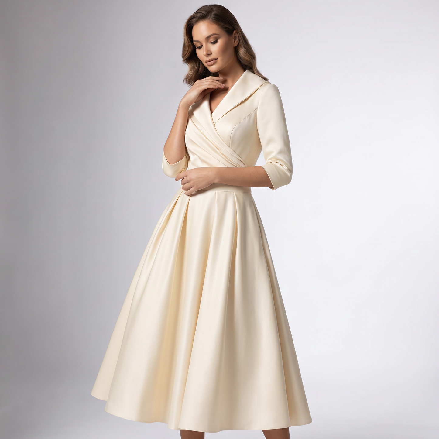 Women A-Line Midi Dress Shawl Collar Pockets Wedding Guest - Image 5