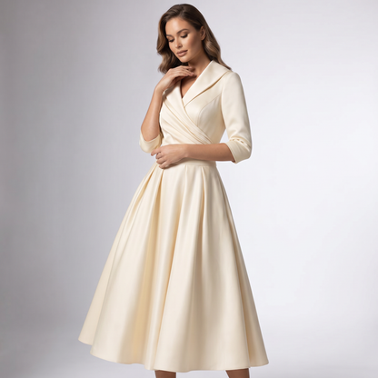 Women A-Line Midi Dress Shawl Collar Pockets Wedding Guest - Image 5