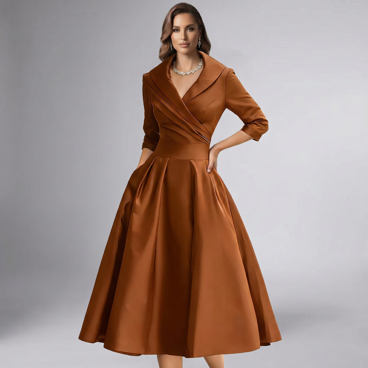 Women A-Line Midi Dress Shawl Collar Pockets Wedding Guest - Image 12