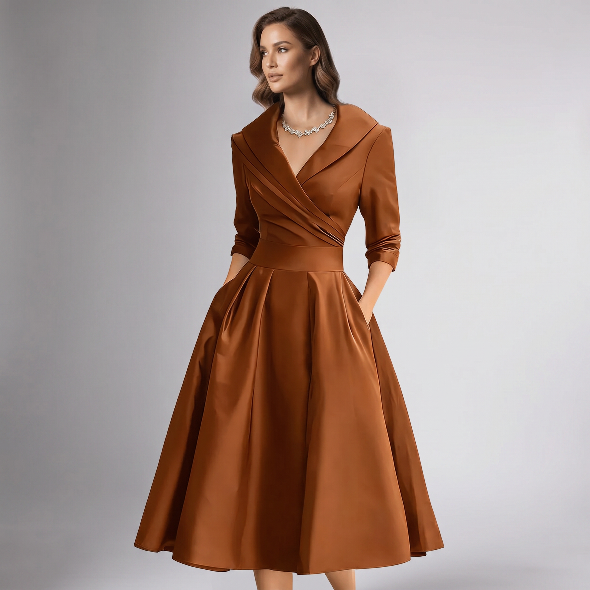 Women A-Line Midi Dress Shawl Collar Pockets Wedding Guest - Image 11
