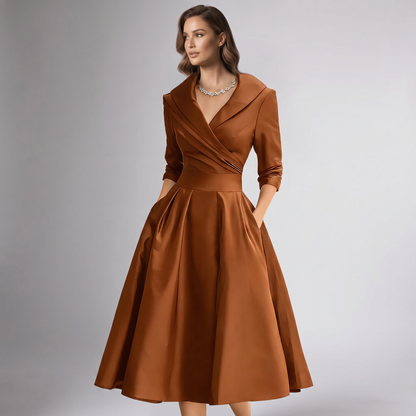 Women A-Line Midi Dress Shawl Collar Pockets Wedding Guest - Image 11