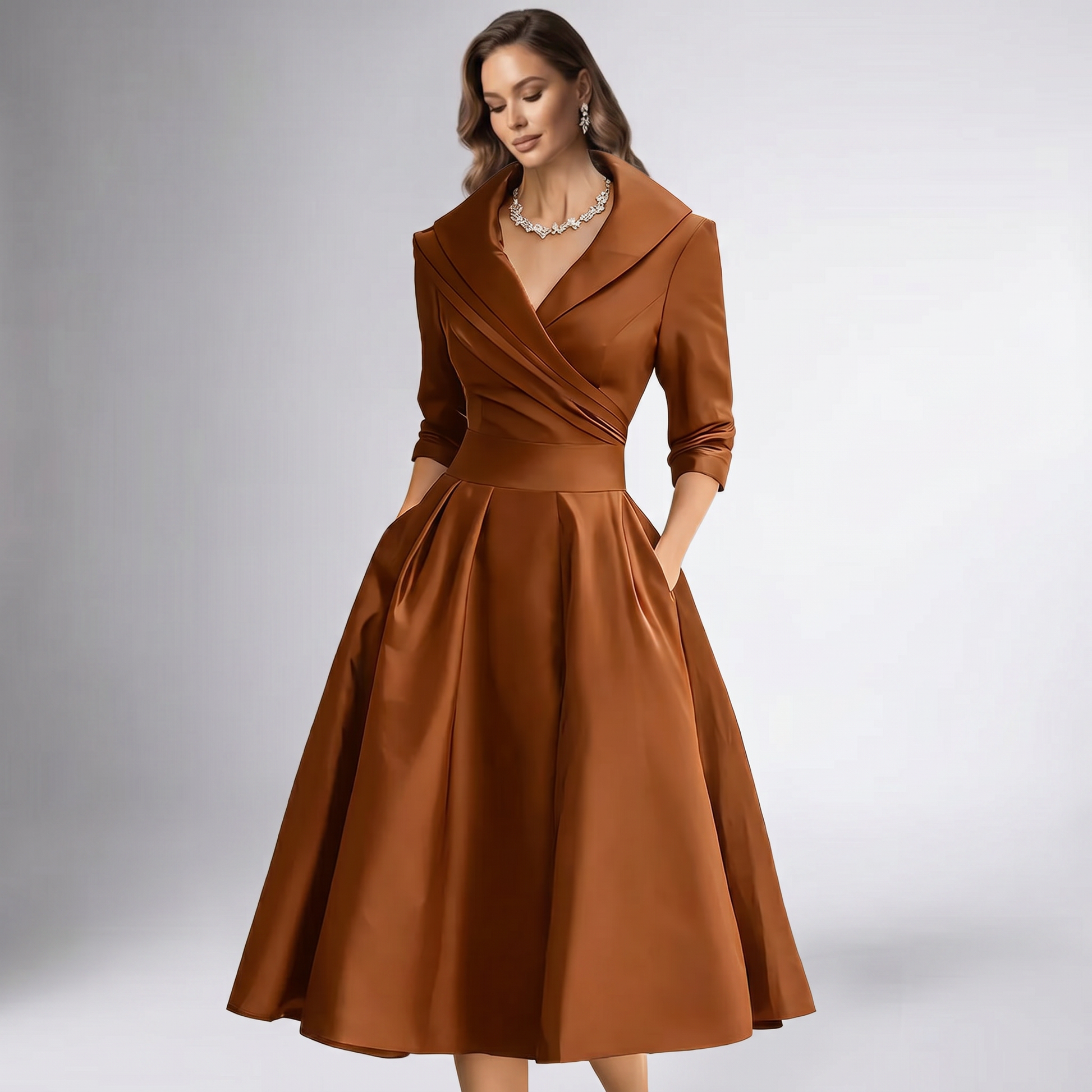 Women A-Line Midi Dress Shawl Collar Pockets Wedding Guest - Image 10