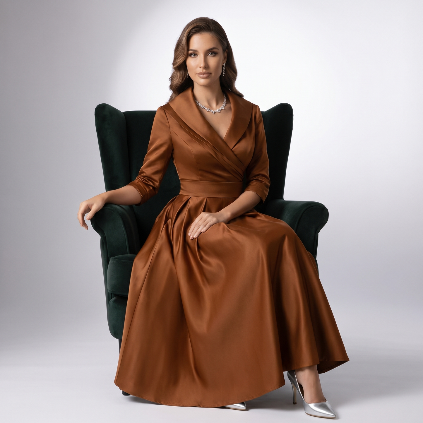 Women A-Line Midi Dress Shawl Collar Pockets Wedding Guest - Image 13