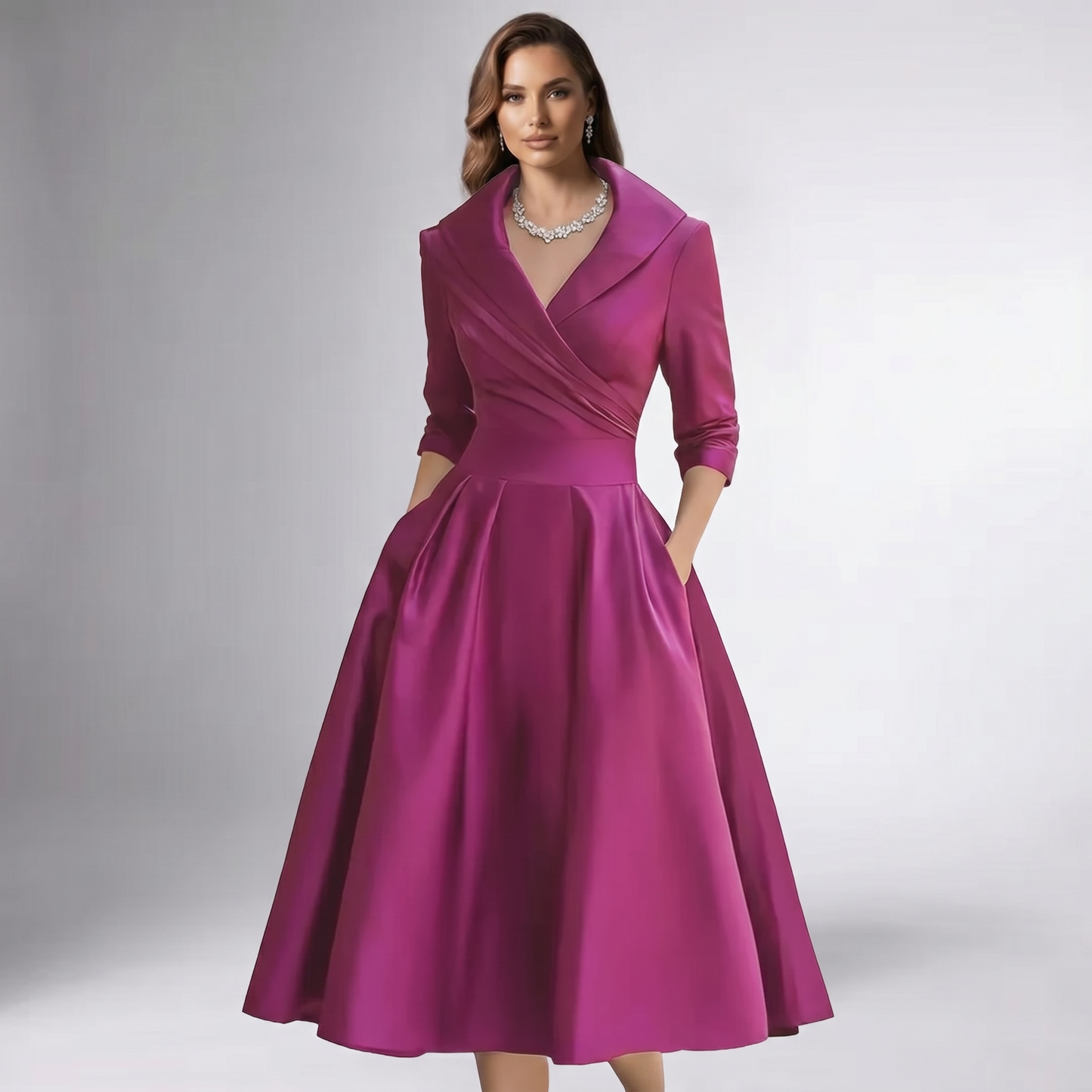 Women A-Line Midi Dress Shawl Collar Pockets Wedding Guest - Image 14