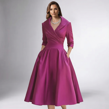 Women A-Line Midi Dress Shawl Collar Pockets Wedding Guest - Image 14