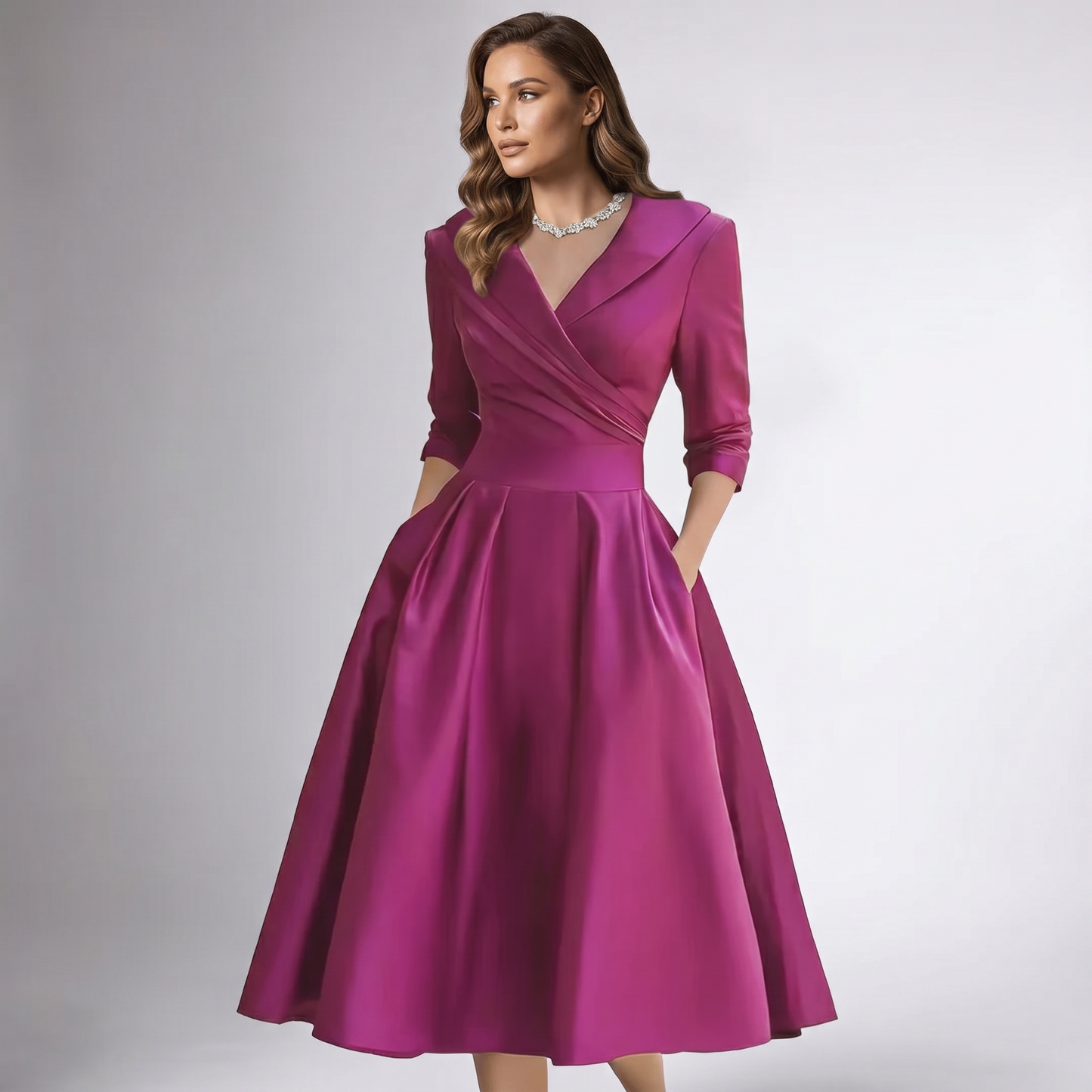 Women A-Line Midi Dress Shawl Collar Pockets Wedding Guest - Image 15
